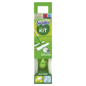 Swiffer Dry + Wet Kit - Zestaw: 1 Mop, 8 Suchych Chusteczek Oraz 3 Mokre Ściereczki.