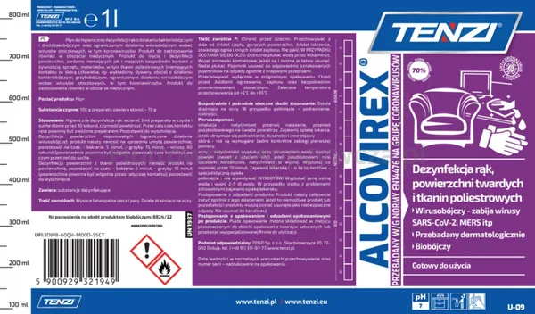 Płyn do dezynfekcji rąk, narzędzi, powierzchni TENZI, Alcovirex, 1l