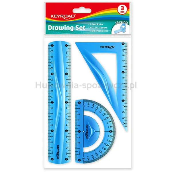 Zestaw geometryczny KEYROAD Flexible średni, z linijką 20cm, zawieszka, mix kolorów