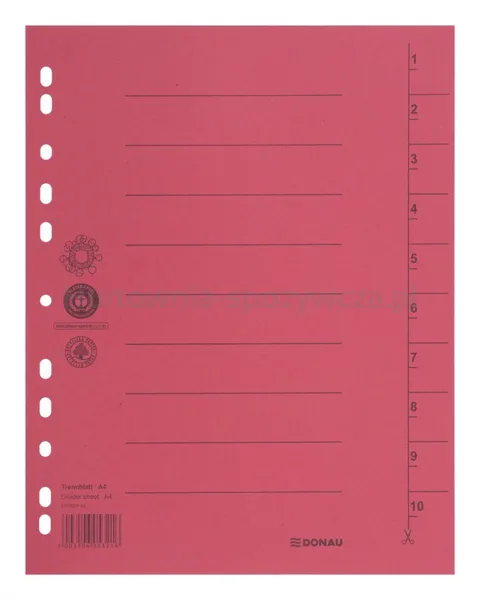 Przekładka DONAU, karton, A4, 235x300mm, 1-10, 1 karta, czerwona
