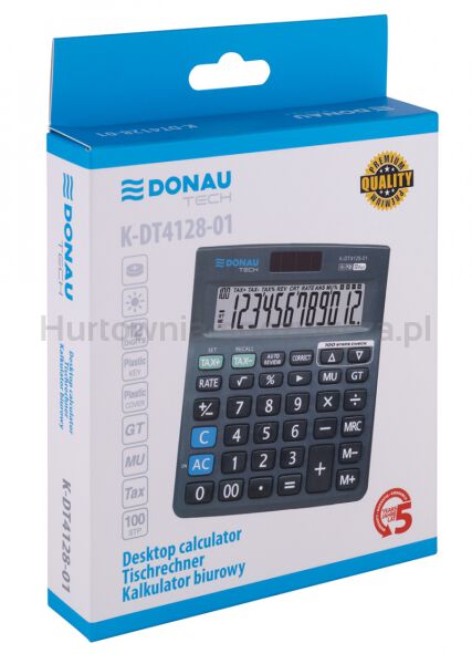 Donau Kalkulator biurowy TECH, 12-cyfr. wyświetlacz, wym. 140x122x30 mm, czarny  - 4