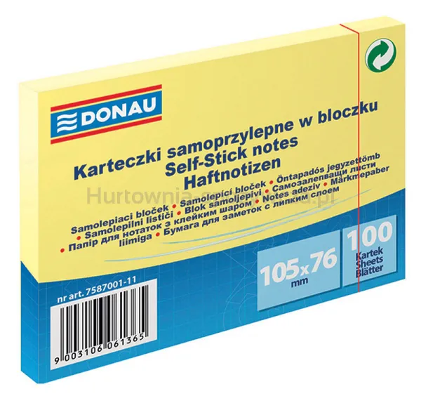 Bloczek Samoprzylepny Donau, 105X76Mm, 1X100 Kart., Jasnożółty