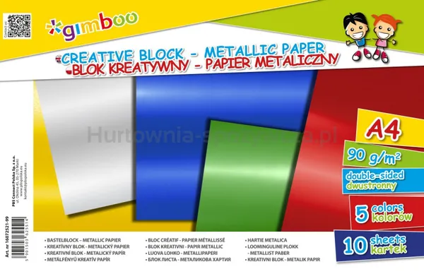 Blok kreatywny GIMBOO, A4, 10 kart., 90gsm, mix kolorów metalicznych