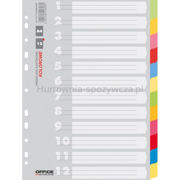 Office Products Przekładki karton, A4, 223x297mm, 12 kart, mix kolorów 