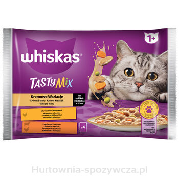 Whiskas Tasty Mix Kremowe Wariacje 1+ Sos Z Kurczakiem I Warzywami I Z Jagnięciną I Indykiem 340 G (4X85 G)