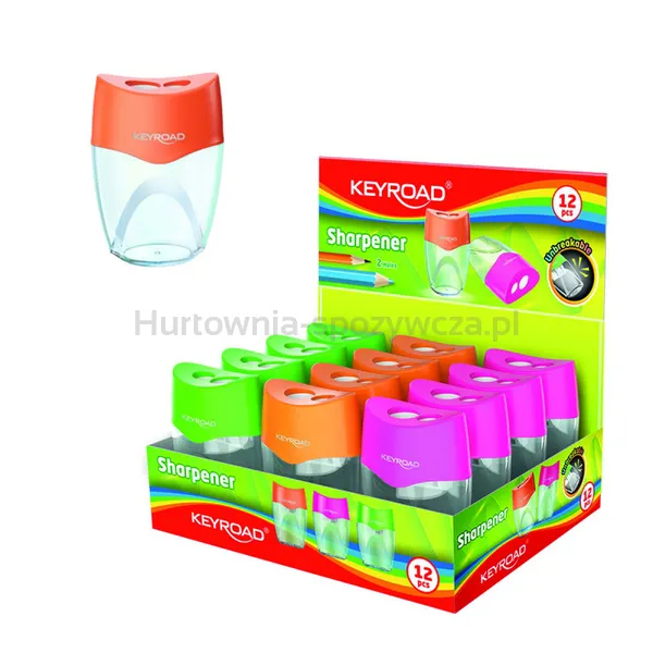 Temperówka plastikowa KEYROAD, nietłukąca, podwójna, z pojemnikiem, pudełko, mix kolorów