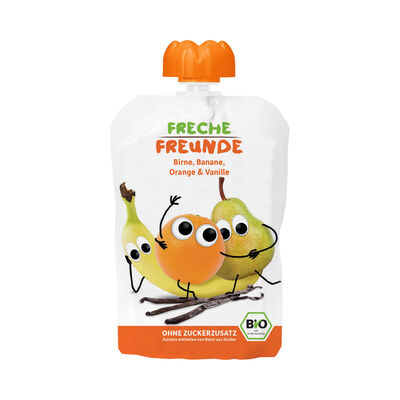 Freche Freunde  Mus Gruszka - Jabłko - Banan - Pomarańcza - Wanilia Bez Dodatku Cukrów Bezglutenowy Od 8 Miesiąca Bio 100 G - Freche Freunde [BIO]