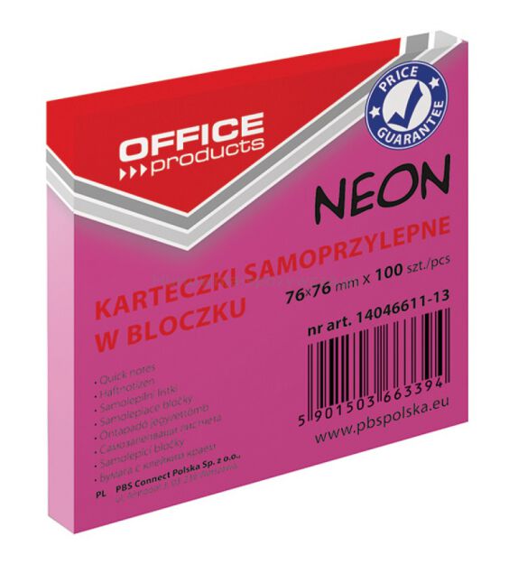 Office Products Bloczek Samoprzylepny76x76mm, 1x100 kart., neon, różowy [BIURO]