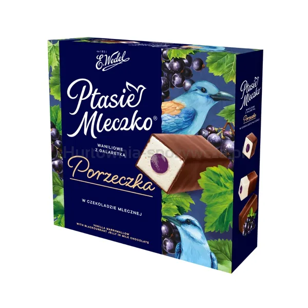 E.Wedel Ptasie mleczko waniliowe z galaretką o smaku czarnej porzeczki w czekoladzie mlecznej 340g