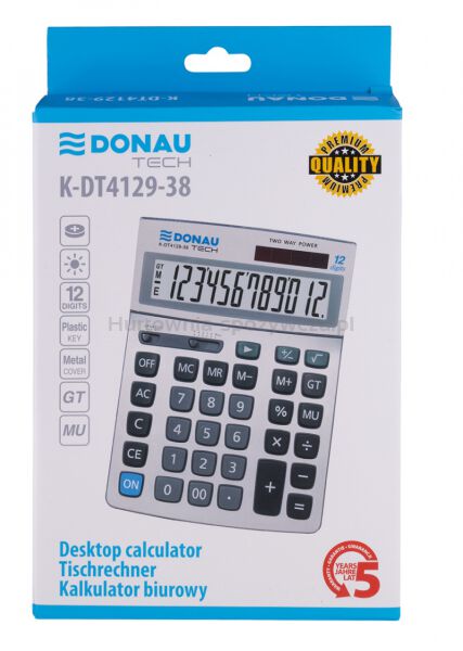 Donau Kalkulator biurowy TECH, 12-cyfr. wyświetlacz, wym. 210x154x37 mm, metalowa obudowa, srebrny 