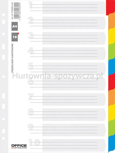 Przekładki OFFICE PRODUCTS, karton, A4, 227x297mm, 10 kart, lam. indeks, mix kolorów