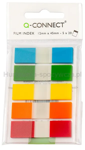 Q-Connect Zakładki indeksujące PP, 12x45mm, 100 kart., zawieszka, mix kolorów 