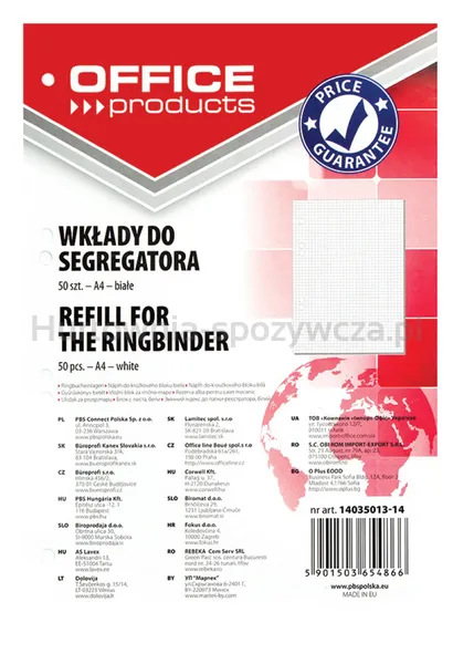 Wkład do segregatora OFFICE PRODUCTS, A4, w kratkę, 50 kart., biały