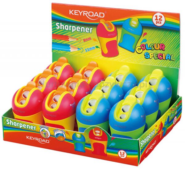 Temperówka KEYROAD Colour Special, plastikowa, podwójna, z pojemnikiem, ostrzenie zaokrąglone, pakowane na displayu, mix kolorów - 2