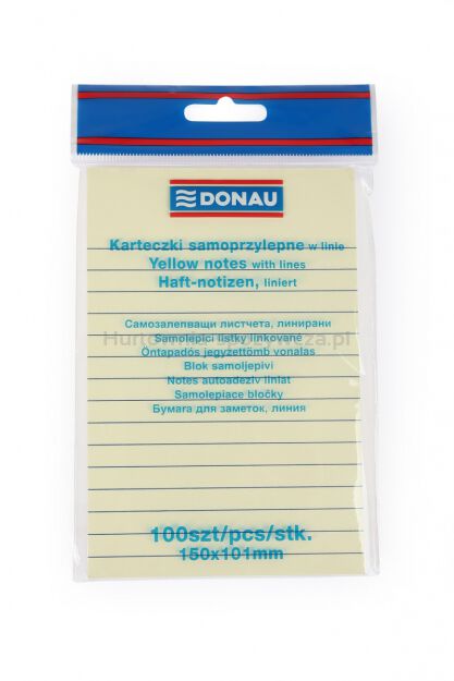 Donau Bloczek Samoprzylepny 101x150mm, w linię, 1x100 kart., 75gsm, żółty [BIURO]