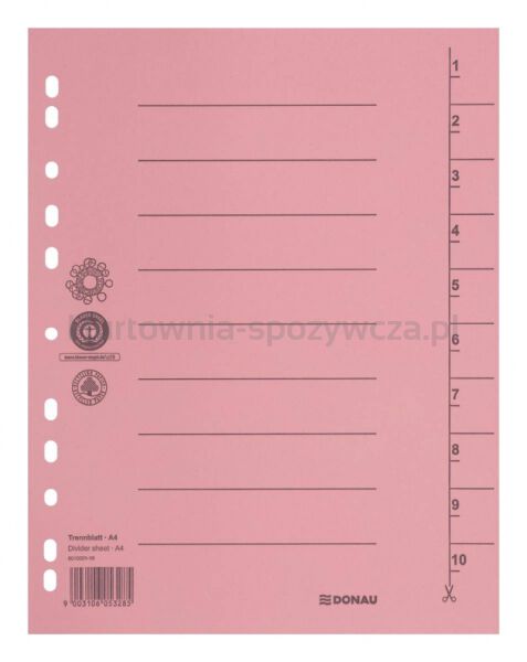 Donau Przekładka karton A4, 235x300mm, 1-10, 1 karta, jasnoróżowa 