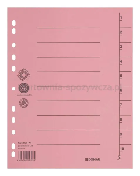 Przekładka DONAU, karton, A4, 235x300mm, 1-10, 1 karta, jasnoróżowa