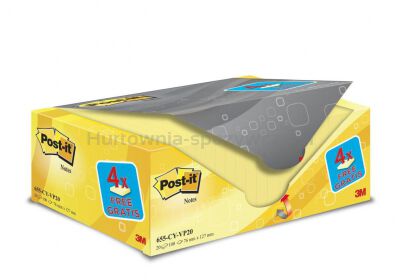 Karteczki samoprzylepne POST-IT® (655CY-VP20), 127x76mm, (16+4)x100 kart., żółte, 4 bloczki GRATIS