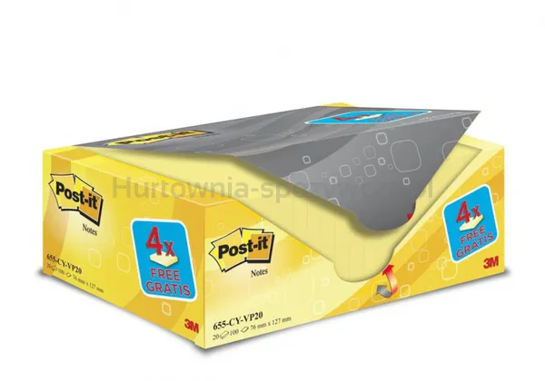 Karteczki Samoprzylepne Post-It® (655Cy-Vp20), 127X76Mm, (16+4)X100 Kart., Żółte, 4 Bloczki Gratis