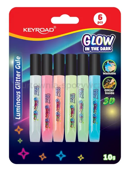 Keyroad Klej brokatowy Luminious, fluorescencyjny, 6x10ml, blister, mix kolorów
