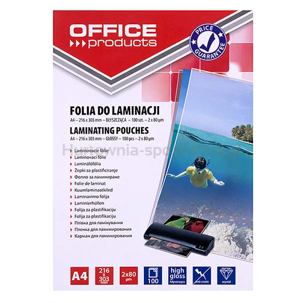 Office Products Folia Do Laminowania, A4, 2x80mikr., błyszcząca, 100szt., transparentna 