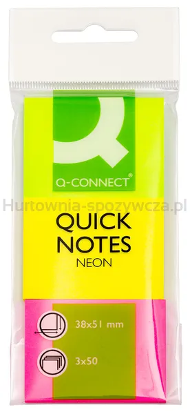 Bloczek Samoprzylepny Q-Connect, 38X51Mm, 3X50 Kart., Neon, Mix Kolorów