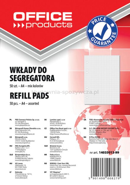 Office Products Wkład do segregatora A4, w kratkę, 50 kart., mix kolorów [BIURO]