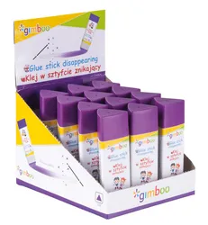 Klej w sztyfcie GIMBOO, PVP, trójkątny, znikający, 15g, 1 szt., pakowany w displayu, fioletowy