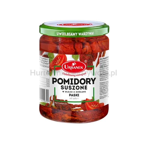 Pomidory suszone w oleju z ziołami paski 480g/320g Urbanek