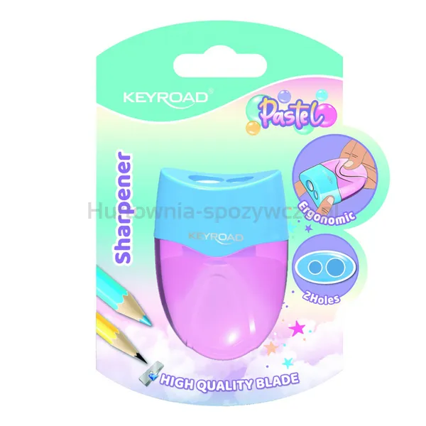 Temperówka plastikowa KEYROAD, pastel, podwójna, z pojemnikiem, blister, mix kolorów