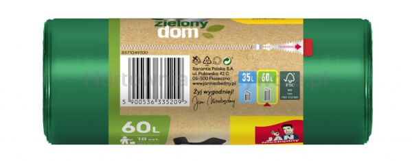 Worki na śmieci JAN NIEZBĘDNY, zielony dom, easy pack, 60l, 18szt., zielone - 2