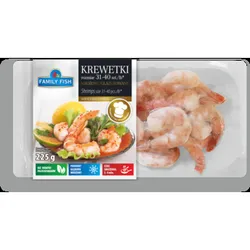 Family Fish Krewetki białe blanszowane obrane z ogonkiem 31-40 szt./lb,mrożone, glazurowane (Litopenaeus vannamei), masa netto bez glazury 225g