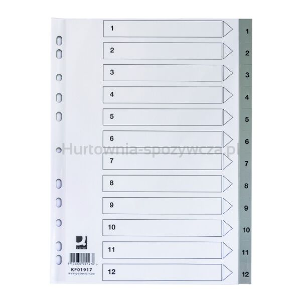 Q-Connect Przekładki PP, A4, 225x297mm, 1-12, 12 kart, szare 