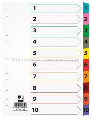 Przekładki Q-CONNECT Mylar, karton, A4, 225x297mm, 1-10, 10 kart, lam. indeks, mix kolorów