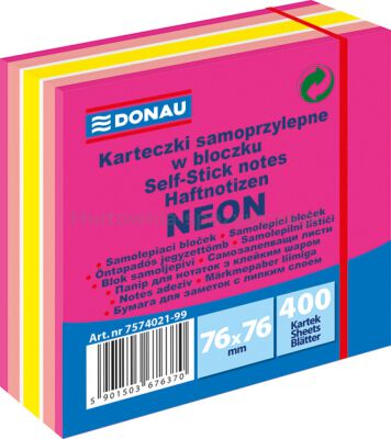 Kostka samoprzylepna DONAU, 76x76mm, 1x400 kart., neon-pastel, mix różowy