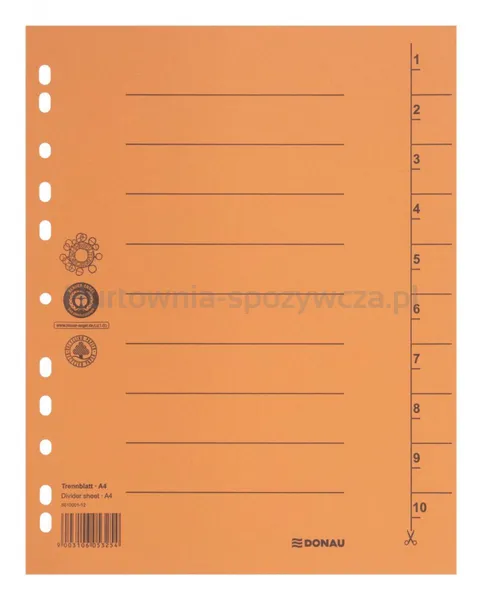 Przekładka DONAU, karton, A4, 235x300mm, 1-10, 1 karta, pomarańczowa
