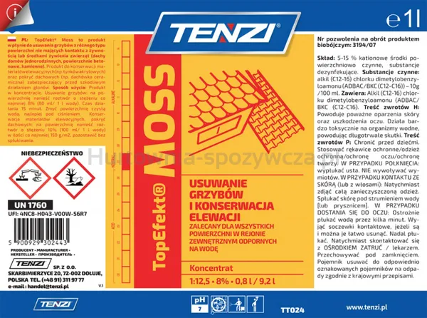 Preparat biobójczy do usuwania grzybów, mchów, glonów TENZI, Topefekt Moss, 1l
