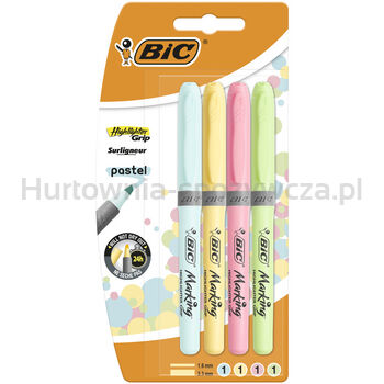 BIC Highlighter Grip Pastel Zakreślacze miks kolorów Blister 4 sztuki