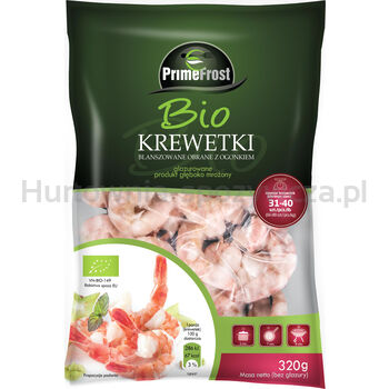 Primefrost Bio Krewetki Blanszowane Obrane Z Ogonkiem, Rozmiar: 31-40 Szt./Lb, Glazura: 20%, 320 G/400 G, Produkt Głęboko Mrożony