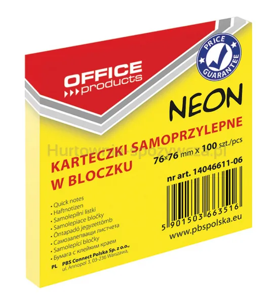 Office Products Bloczek Samoprzylepny76X76Mm, 1X100 Kart., Neon, Żółty 
