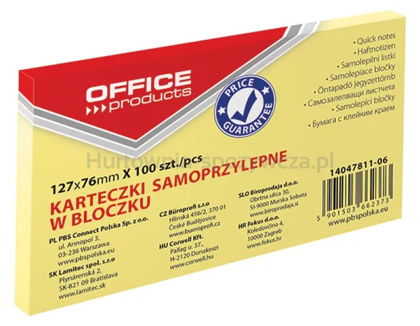 Office Products Bloczek Samoprzylepny127X76Mm, 1X100 Kart., Pastel, Jaznożółty 