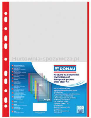 Donau Koszulki na dokumentyPP, A4, krystal 40mikr kolorowy brzeg - czerwony, 100szt. [BIURO]