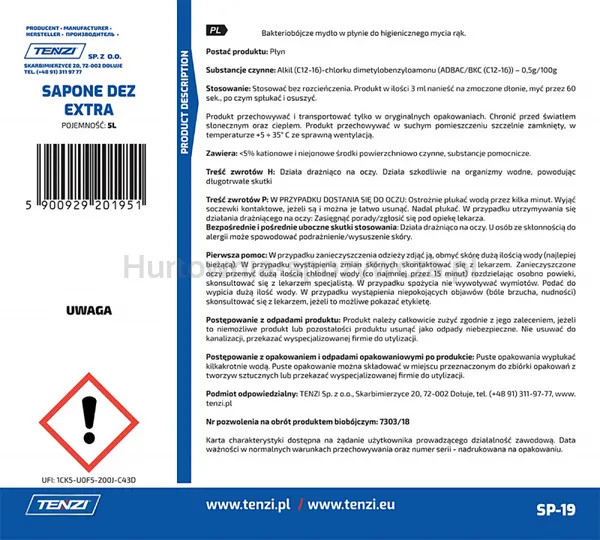Mydło w płynie biobójcze TENZI, bezzapachowe, Sapone Dez Extra, 5l