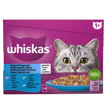 Whiskas Rybne Przysmaki Galaretka Z Łososiem, Z Dorszem, Z Tuńczykiem I Z Białą Rybą 1,02 Kg (12X85 G)