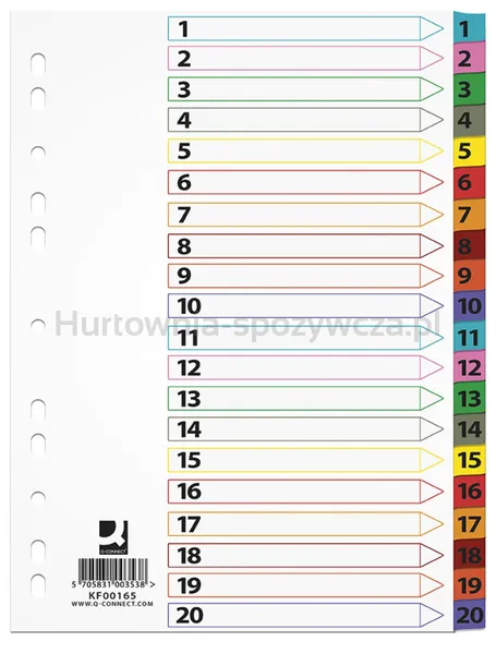 Przekładki Q-Connect Mylar, Karton, A4, 225X297Mm, 1-20, 20 Kart, Lam. Indeks, Mix Kolorów