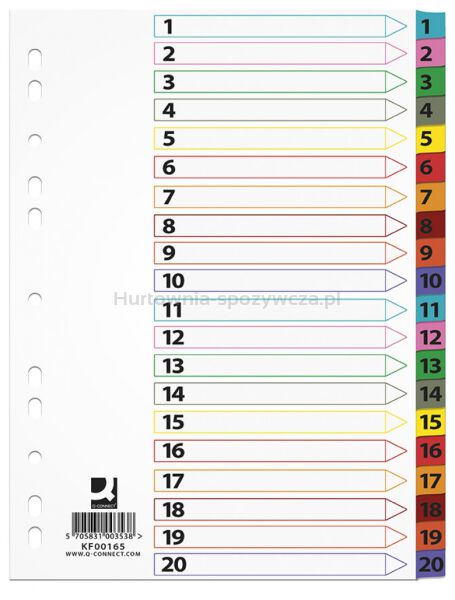 Przekładki Q-CONNECT Mylar, karton, A4, 225x297mm, 1-20, 20 kart, lam. indeks, mix kolorów