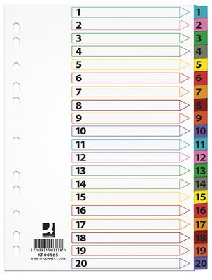 Q-Connect Przekładki Mylar, karton, A4, 225x297mm, 1-20, 20 kart, lam. indeks, mix kolorów [BIURO]