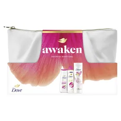 Dove Awaken Żel pod prysznic Replenishing 225ml + Antyperspirant Dragonfruit 150 ml + Balsam do ciała Glowing Care 250 ml + kosmetyczka