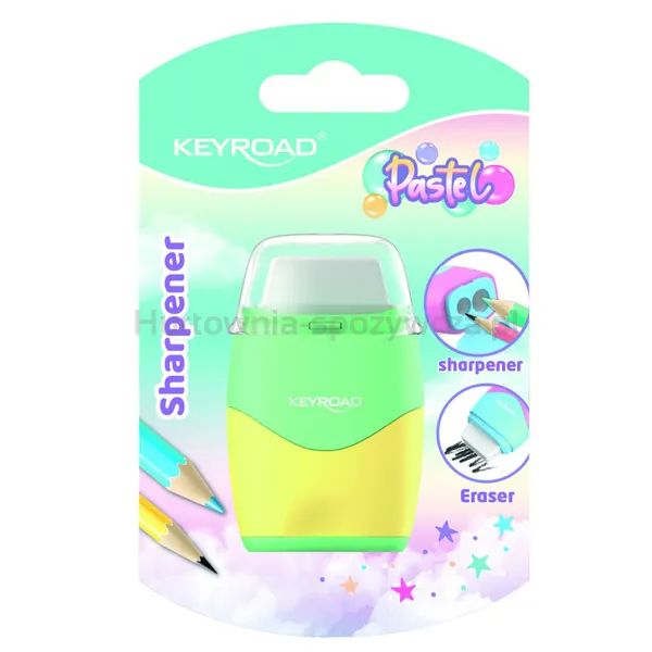 Keyroad Temperówka plastikowa z gumką pastel, podwójna, blister, mix kolorów 