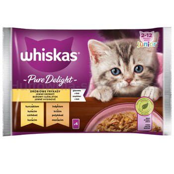 Whiskas Pure Delight Junior 2-12 Miesięcy Drobiowe Frykasy Galaretka Z Kurczakiem I Z Indykiem 340 G (4X85 G)